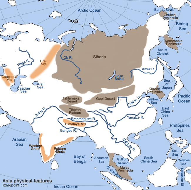 labeled map of the Asia physical features