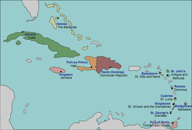 map of Caribbean with countries labeled