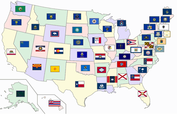 map of the United States with flags displayed